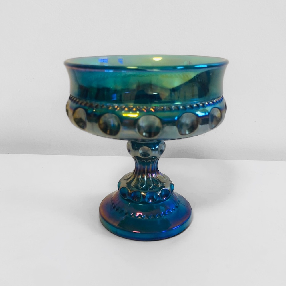 Vintage Blue Carnival Glass Pedestal Candy Dish